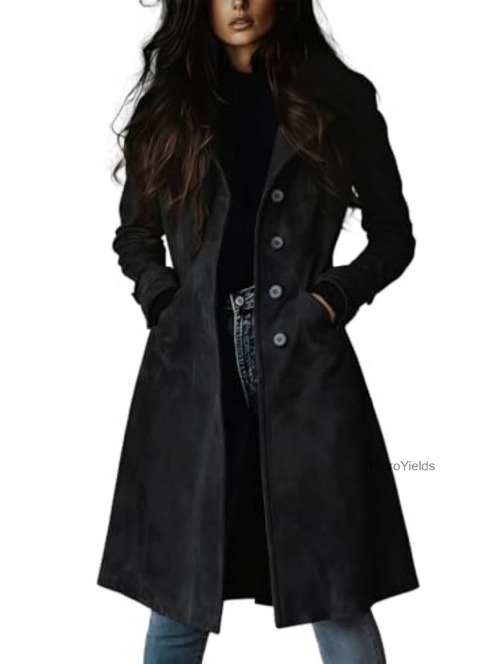 Long Faux Suede Trench Coat Single Breasted Overcoat with Pockets
